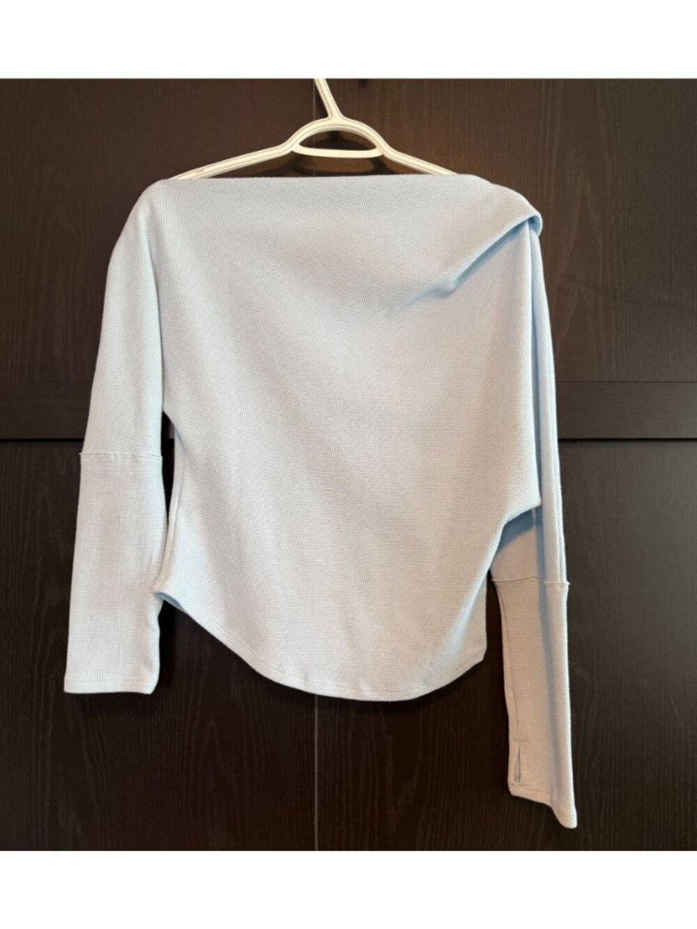 We The Free People Blue Fuji Waffle Knit Off Shoulder Top Medium Long Sleeves - Picture 2 of 8
